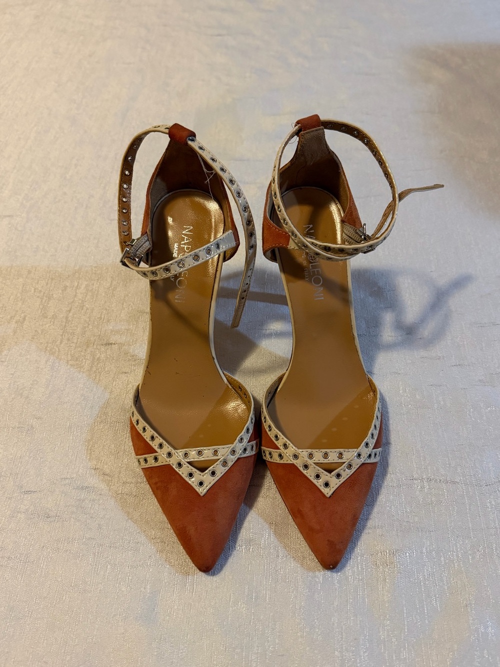 Naked Wolfe Rust Suede Pointed Ankle-Strap Heels with Cream Stud Accents